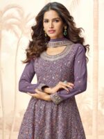 Purple Embroidered A-Line Kurta Palazzo Set - Chinon Fabric & Dupatta