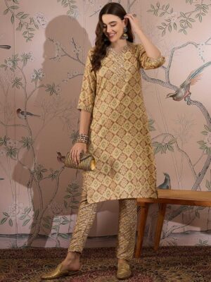Cream Printed Cotton Co-Ord Set - Long Straight Top & Palazzo Pants