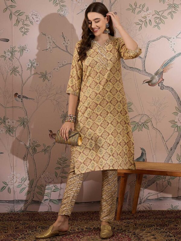 Cream Printed Cotton Co-Ord Set - Long Straight Top & Palazzo Pants