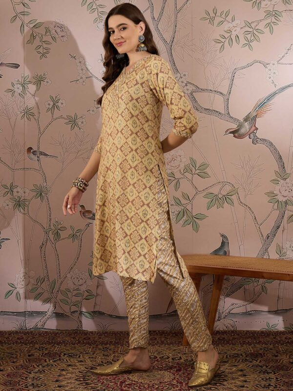 Cream Printed Cotton Co-Ord Set - Long Straight Top & Palazzo Pants