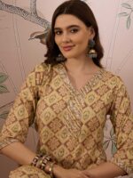 Cream Printed Cotton Co-Ord Set - Long Straight Top & Palazzo Pants