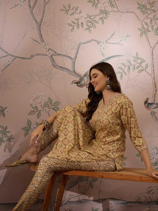Cream Printed Cotton Co-Ord Set - Long Straight Top & Palazzo Pants