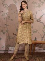 Cream Printed Cotton Co-Ord Set - Long Straight Top & Palazzo Pants