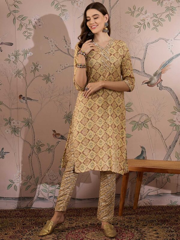 Cream Printed Cotton Co-Ord Set - Long Straight Top & Palazzo Pants