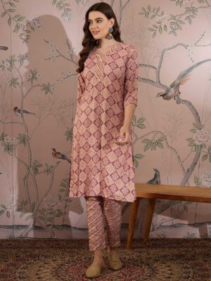 Light Purple Printed Cotton Co-Ord Set - Long Top & Palazzo Pants