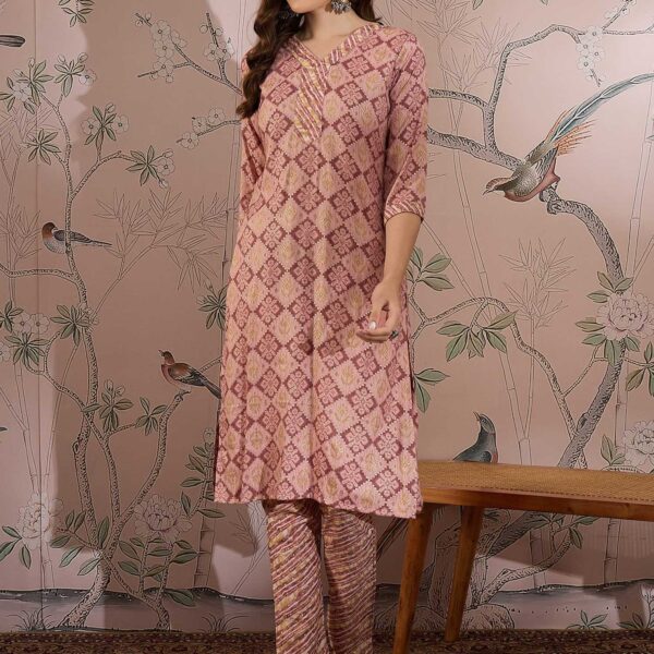 Light Purple Printed Cotton Co-Ord Set - Long Top & Palazzo Pants