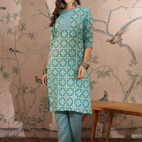 Azure Blue Printed Cotton Co-Ord Set - Effortless Ethnic Elegance