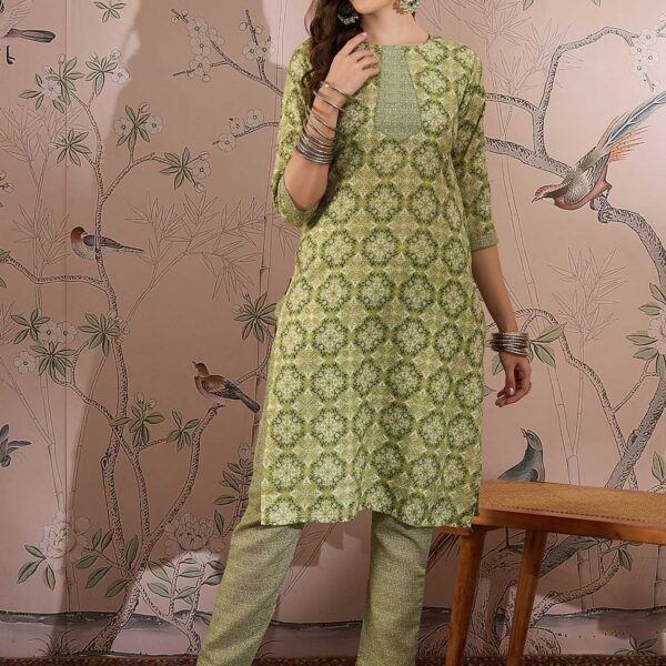 Nature-Inspired Green Printed Cotton Co-Ord Set - Modern Ethnic Comfort
