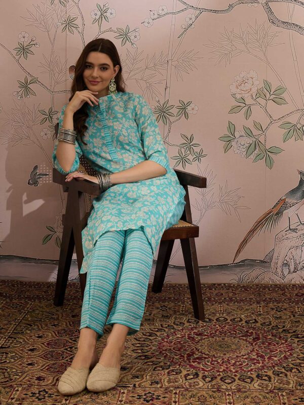 Serene Blue Printed Cotton Co-Ord Set - Contemporary Ethnic Comfort