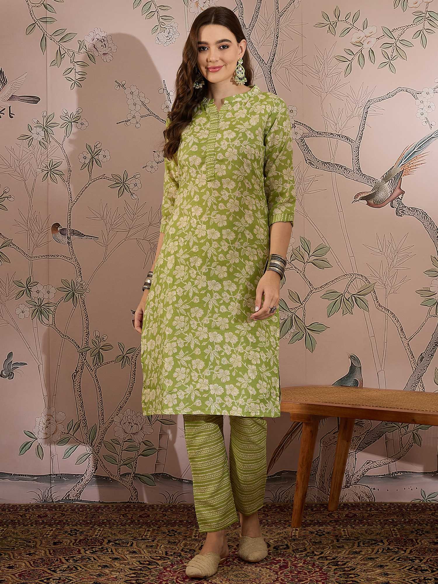 Nature-Inspired Green Printed Cotton Co-Ord Set - Modern Ethnic Comfort