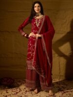 Elegant Maroon Embroidered Straight Kurta Palazzo Set with V Neck & Dupatta