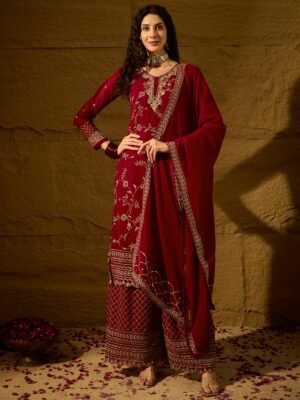 Elegant Maroon Embroidered Straight Kurta Palazzo Set with V Neck & Dupatta