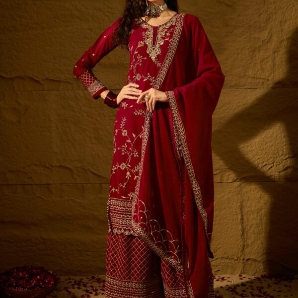 Elegant Maroon Embroidered Straight Kurta Palazzo Set with V Neck & Dupatta