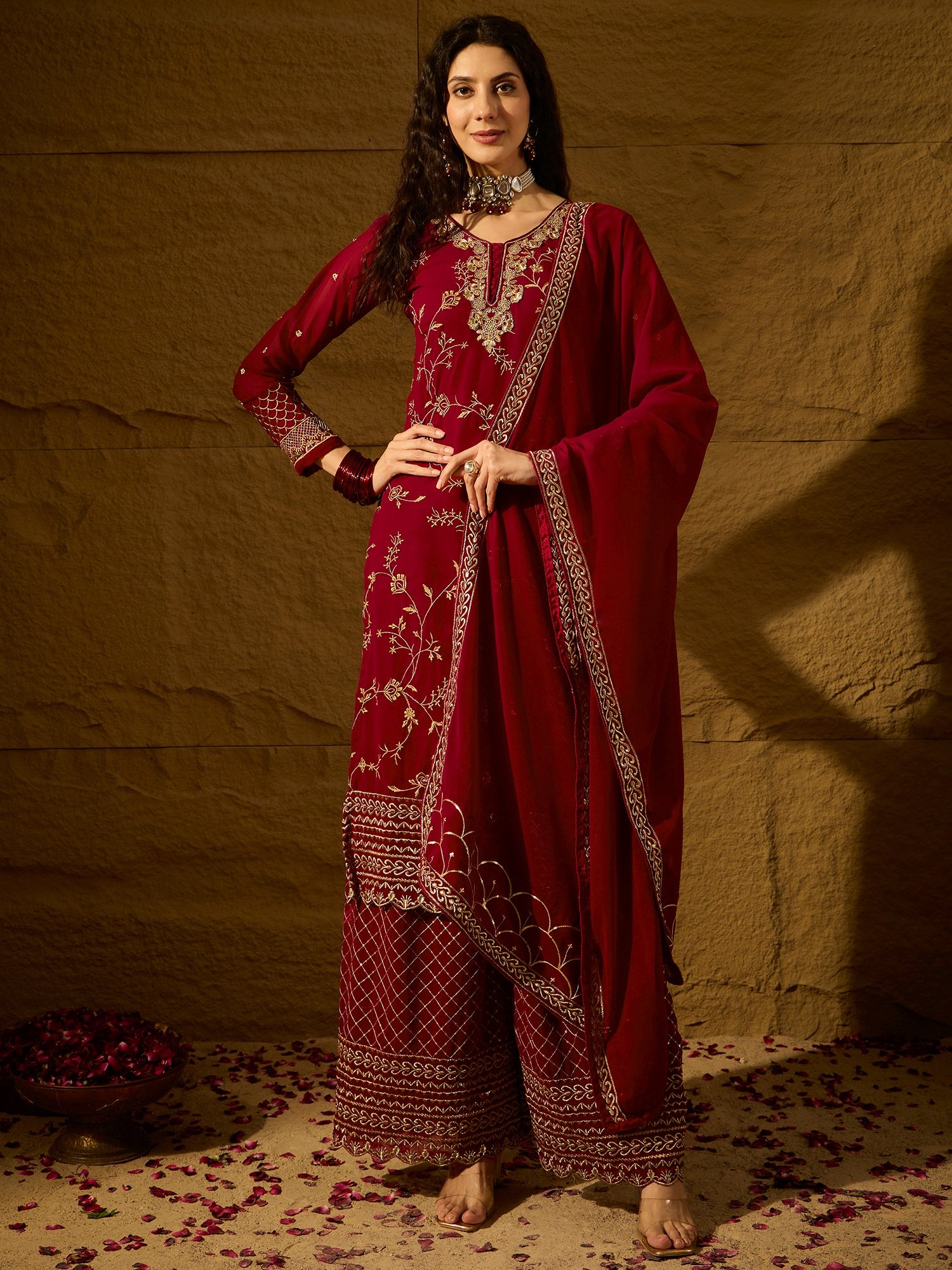 Elegant Maroon Embroidered Straight Kurta Palazzo Set with V Neck & Dupatta