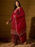 Elegant Maroon Embroidered Straight Kurta Palazzo Set with V Neck & Dupatta
