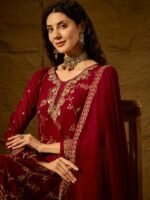 Elegant Maroon Embroidered Straight Kurta Palazzo Set with V Neck & Dupatta