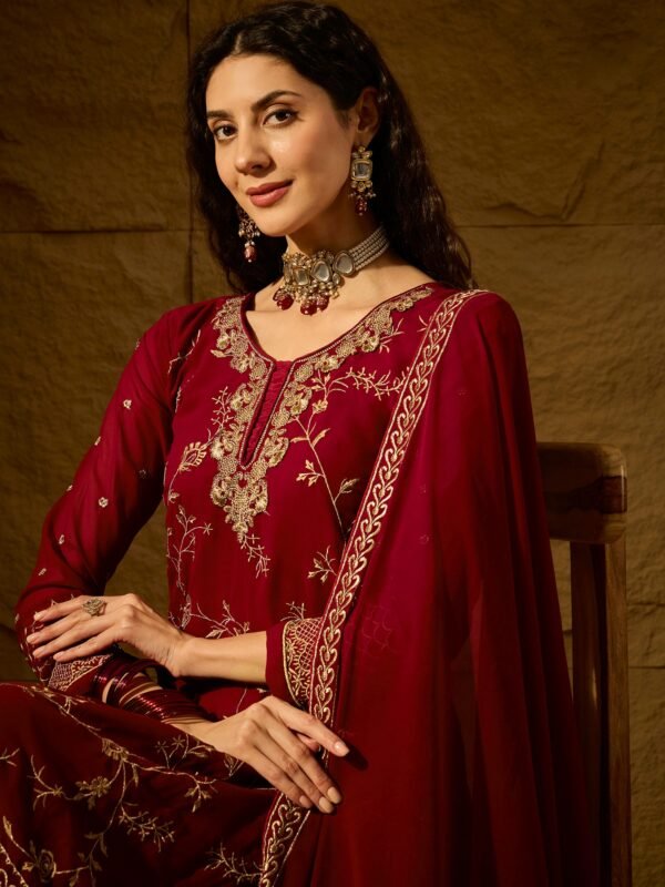 Elegant Maroon Embroidered Straight Kurta Palazzo Set with V Neck & Dupatta