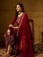 Elegant Maroon Embroidered Straight Kurta Palazzo Set with V Neck & Dupatta