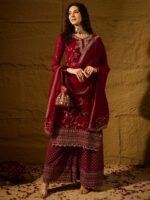 Elegant Maroon Embroidered Straight Kurta Palazzo Set with V Neck & Dupatta