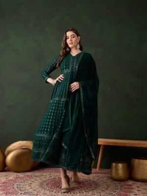 Elegant Green Embroidered Anarkali Gown with V Neck & Lace Dupatta