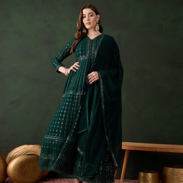 Elegant Green Embroidered Anarkali Gown with V Neck & Lace Dupatta