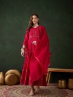 Elegant Pink Embroidered Anarkali Gown with V Neck & Lace Dupatta