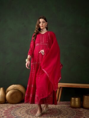 Elegant Pink Embroidered Anarkali Gown with V Neck & Lace Dupatta