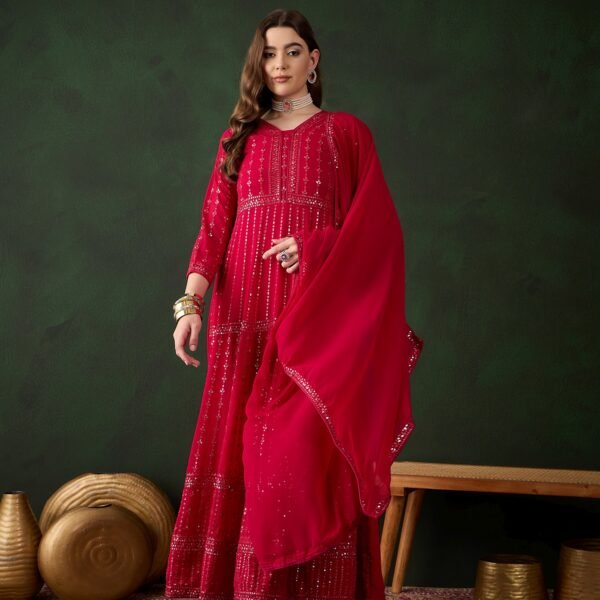 Elegant Pink Embroidered Anarkali Gown with V Neck & Lace Dupatta