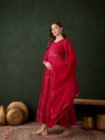 Elegant Pink Embroidered Anarkali Gown with V Neck & Lace Dupatta