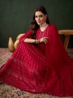 Elegant Pink Embroidered Anarkali Gown with V Neck & Lace Dupatta