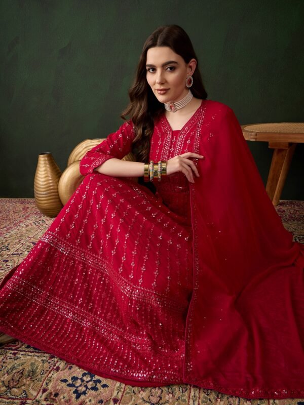 Elegant Pink Embroidered Anarkali Gown with V Neck & Lace Dupatta