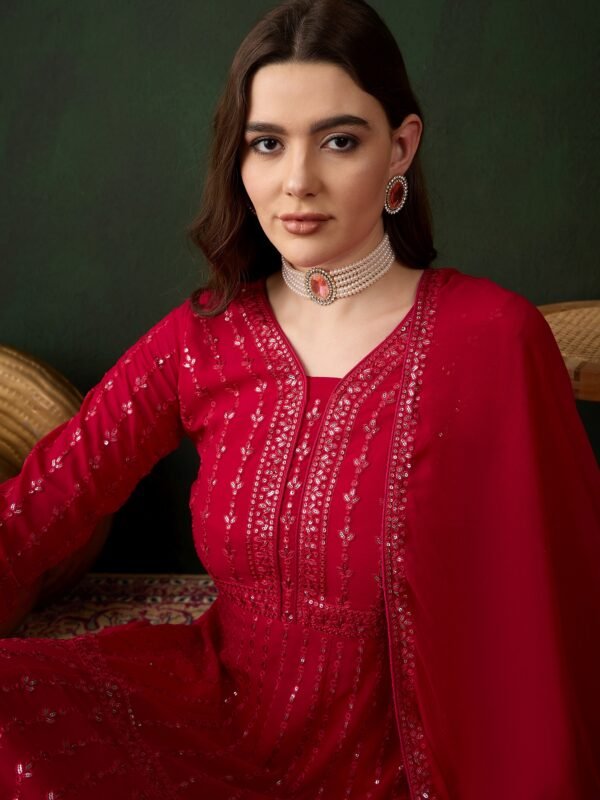Elegant Pink Embroidered Anarkali Gown with V Neck & Lace Dupatta
