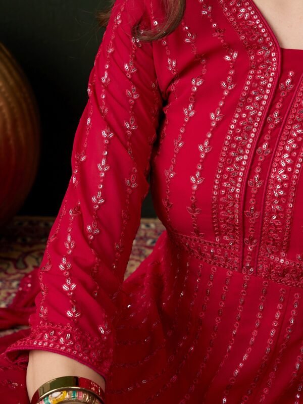 Elegant Pink Embroidered Anarkali Gown with V Neck & Lace Dupatta