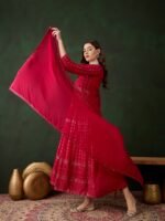 Elegant Pink Embroidered Anarkali Gown with V Neck & Lace Dupatta