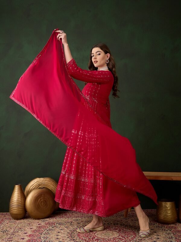 Elegant Pink Embroidered Anarkali Gown with V Neck & Lace Dupatta