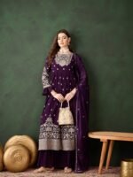 Elegant Purple Embroidered Straight Kurta Sharara Set with Round Neck & Bell Sleeves