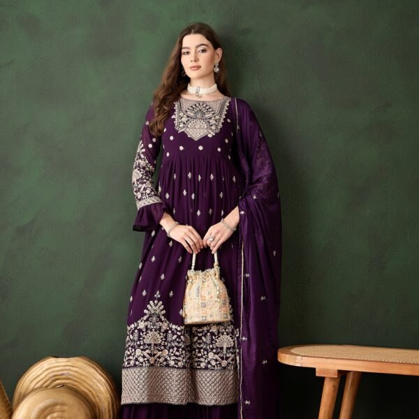 Elegant Purple Embroidered Straight Kurta Sharara Set with Round Neck & Bell Sleeves
