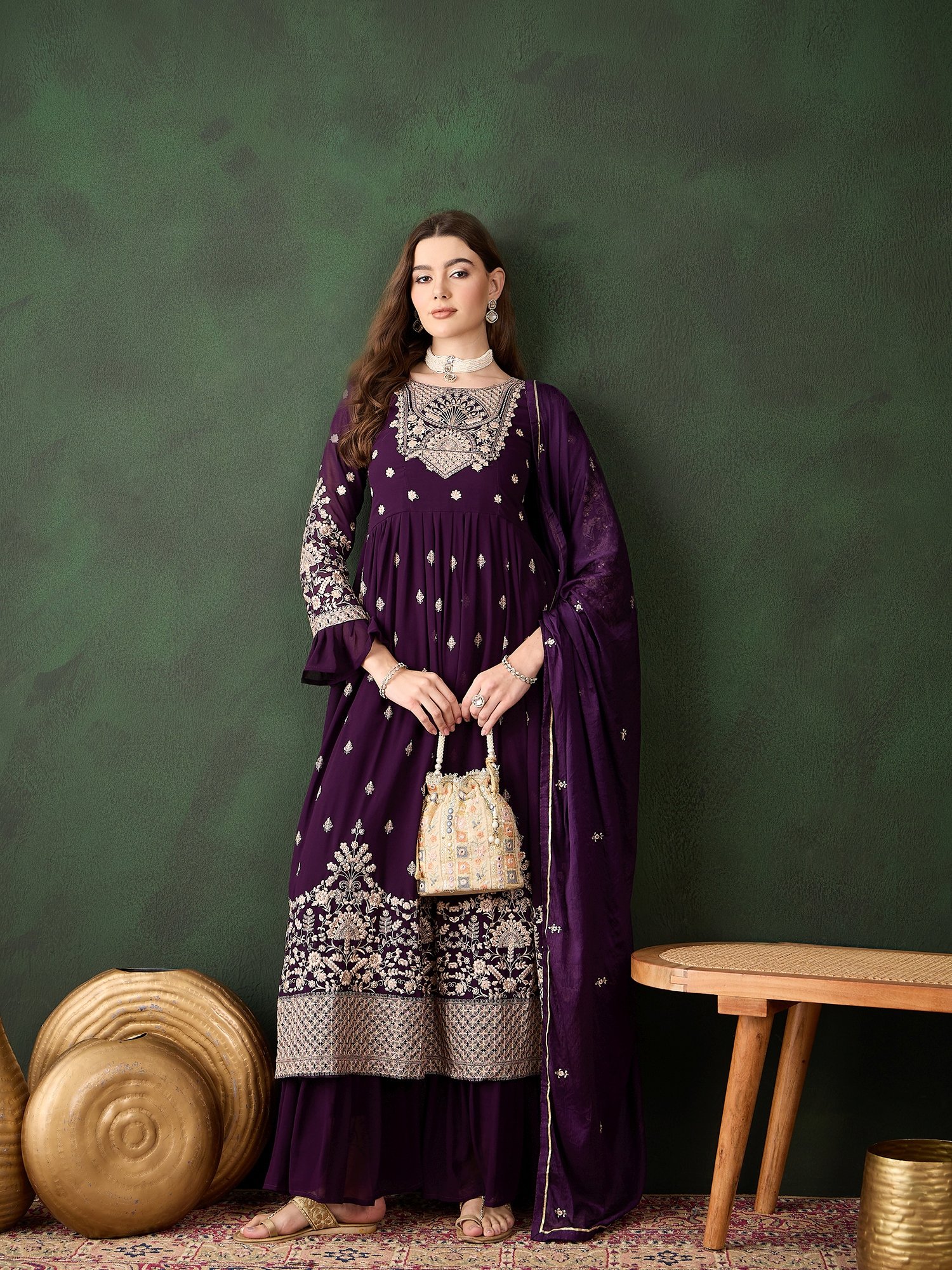 Elegant Purple Embroidered Straight Kurta Sharara Set with Round Neck & Bell Sleeves