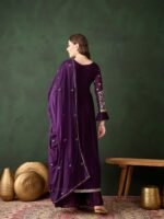 Elegant Purple Embroidered Straight Kurta Sharara Set with Round Neck & Bell Sleeves