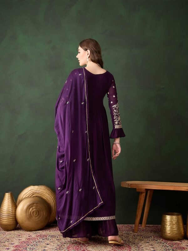 Elegant Purple Embroidered Straight Kurta Sharara Set with Round Neck & Bell Sleeves