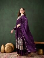 Elegant Purple Embroidered Straight Kurta Sharara Set with Round Neck & Bell Sleeves