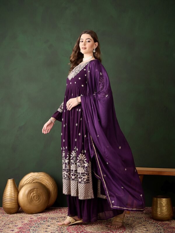 Elegant Purple Embroidered Straight Kurta Sharara Set with Round Neck & Bell Sleeves