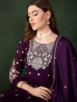 Elegant Purple Embroidered Straight Kurta Sharara Set with Round Neck & Bell Sleeves