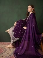 Elegant Purple Embroidered Straight Kurta Sharara Set with Round Neck & Bell Sleeves