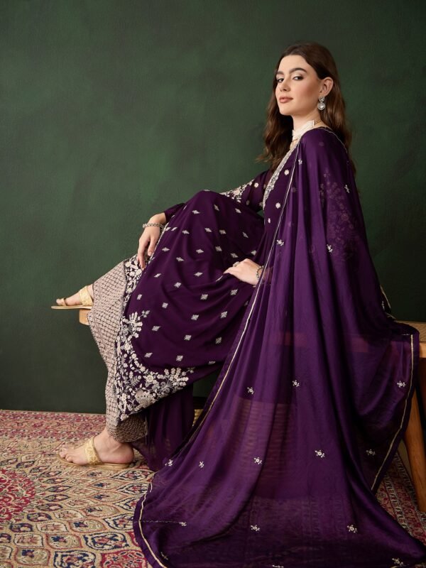 Elegant Purple Embroidered Straight Kurta Sharara Set with Round Neck & Bell Sleeves