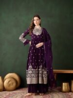 Elegant Purple Embroidered Straight Kurta Sharara Set with Round Neck & Bell Sleeves