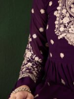 Elegant Purple Embroidered Straight Kurta Sharara Set with Round Neck & Bell Sleeves