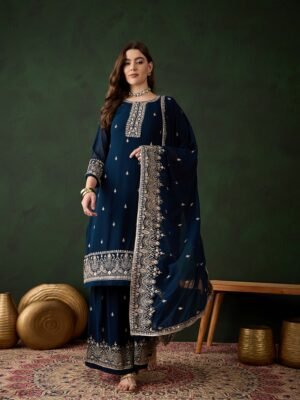 Embroidered Faux Georgette Kurta Sharara Set with Dupatta - Rama Green Ethnic Wear