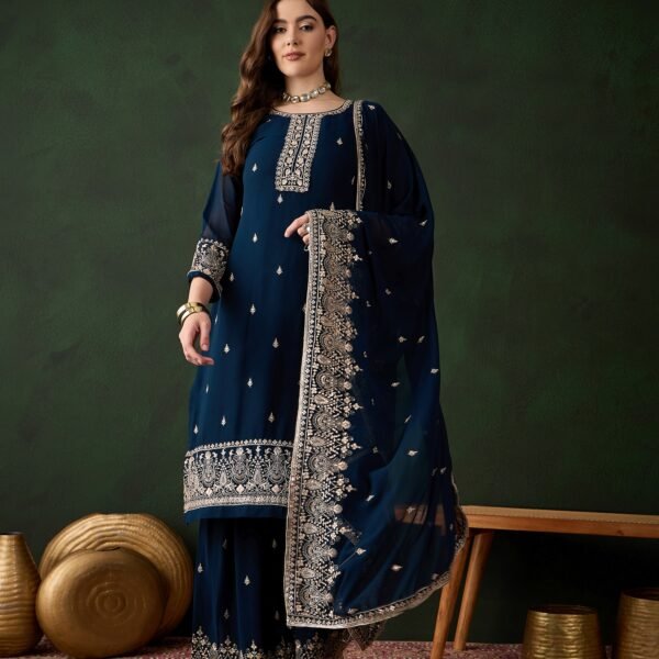 Embroidered Faux Georgette Kurta Sharara Set with Dupatta - Rama Green Ethnic Wear