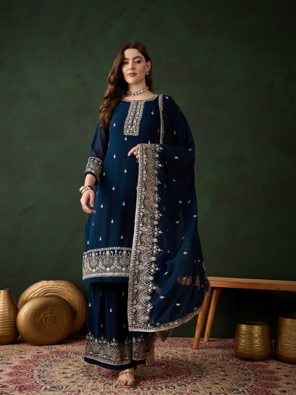 Embroidered Faux Georgette Kurta Sharara Set with Dupatta - Rama Green Ethnic Wear